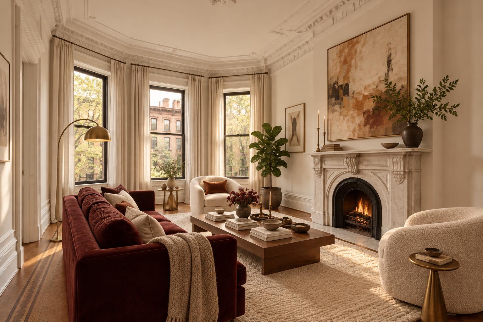 Furnished brownstone parlor: oxblood velvet sofa, boucle armchairs, walnut coffee table and warm rug