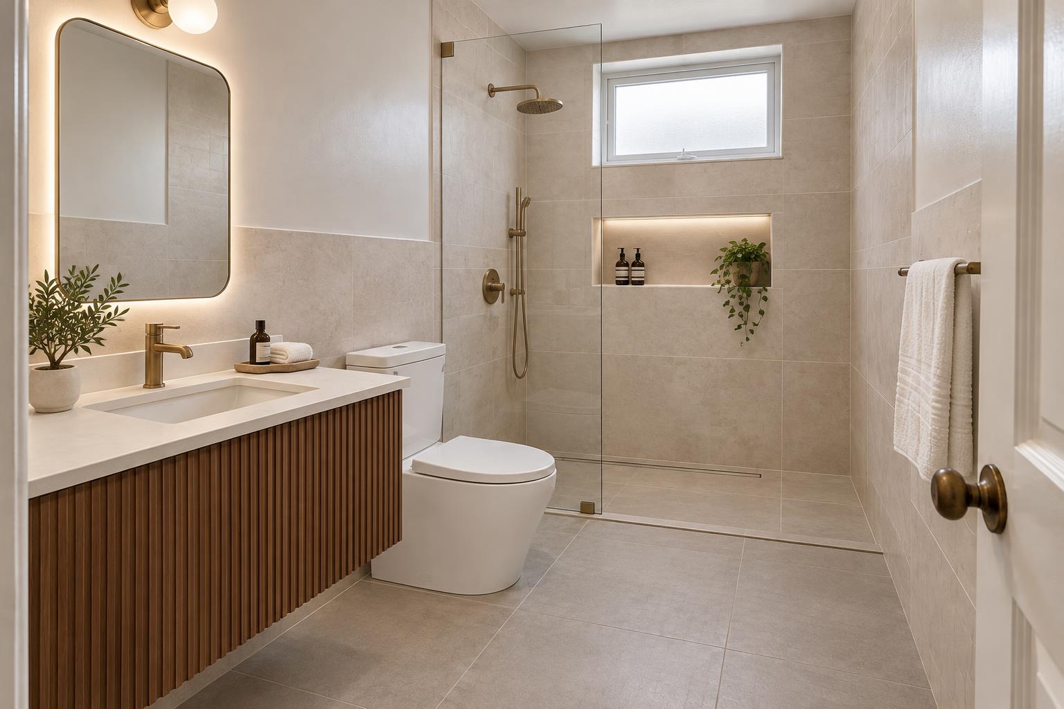The same bathroom reimagined with a glass walk-in shower, limestone-look tiles, floating walnut vanity and brass fixtures