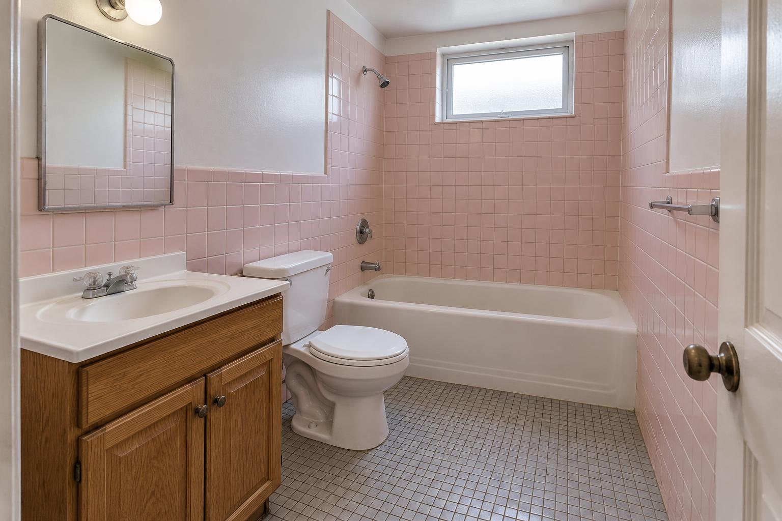 Dated bathroom with pink square tiles, an oak vanity and an old bathtub