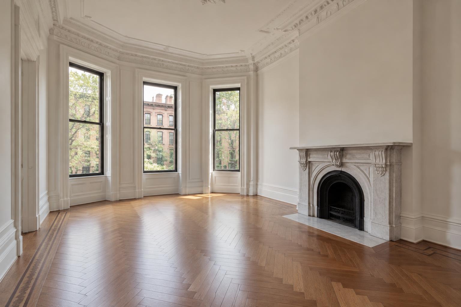 The same Brooklyn brownstone parlor completely empty, with herringbone floors and marble fireplace