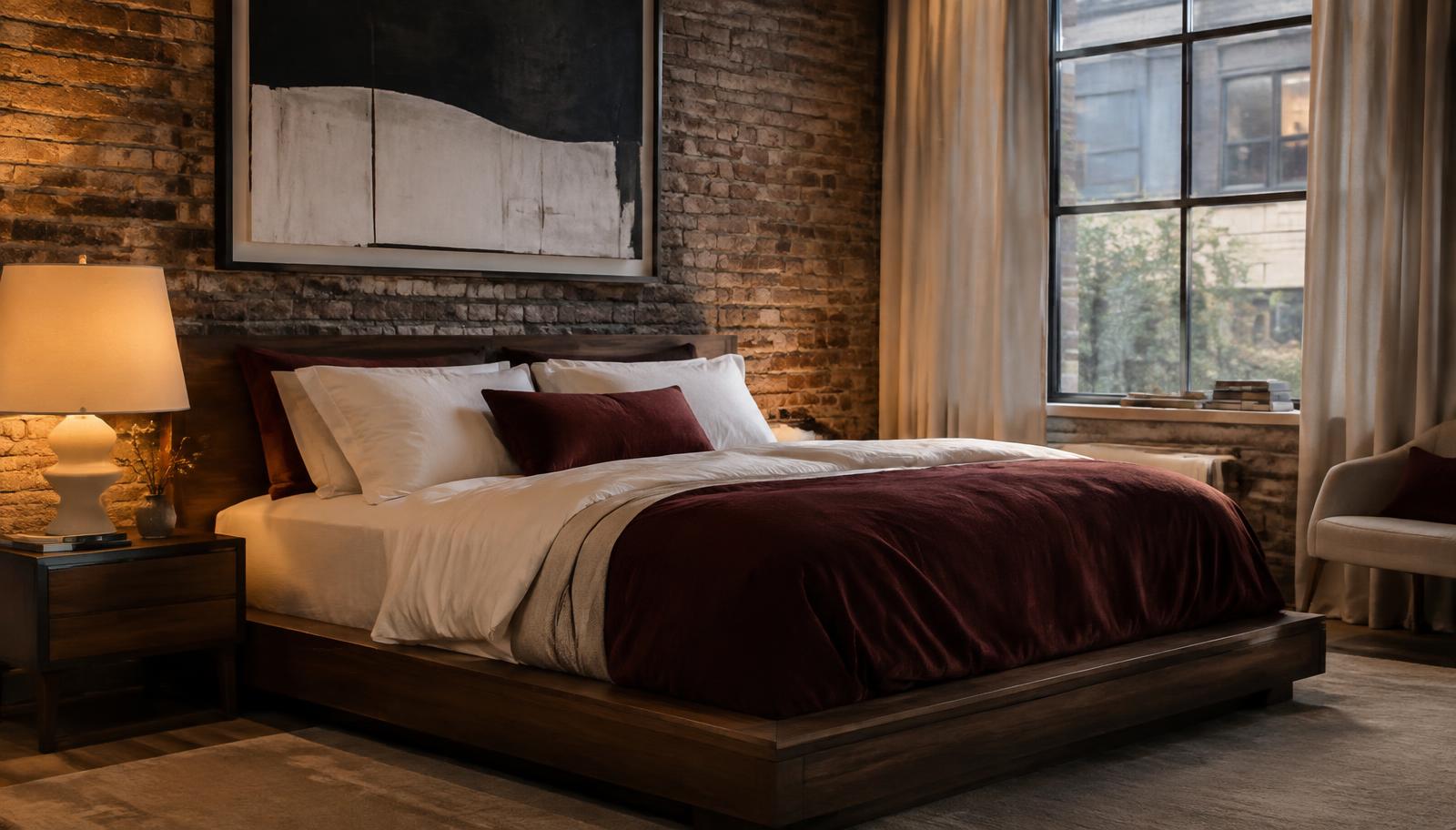 Artistic bedroom with oxblood velvet, walnut bed and exposed brick