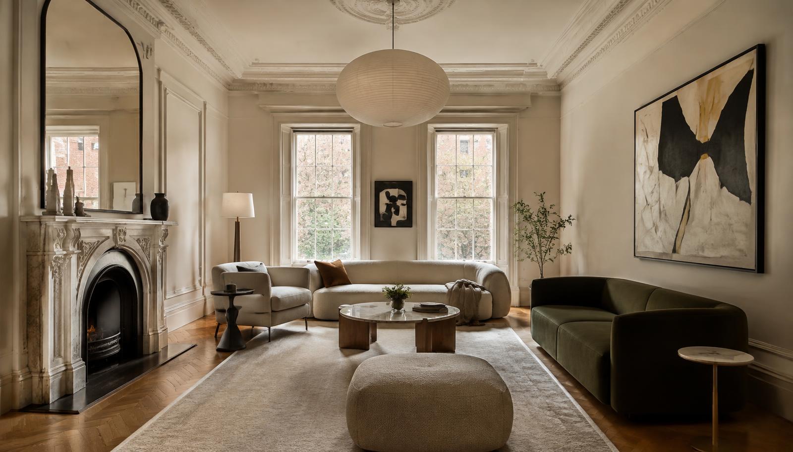 Renovated Brooklyn Heights brownstone parlor with marble fireplace and herringbone floors