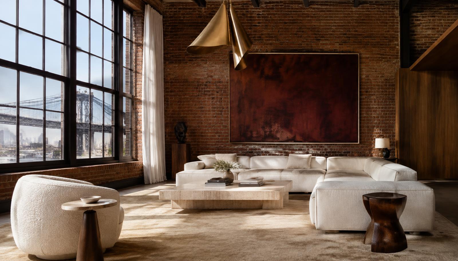Luxury DUMBO industrial loft with exposed brick, tall windows and sculptural brass lighting