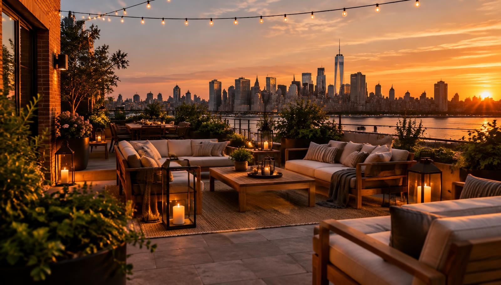 Brooklyn rooftop terrace overlooking Manhattan at sunset